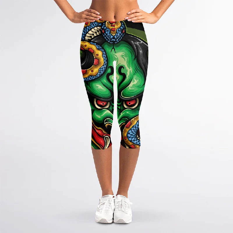 Japanese Oni Demon With Snake Print Women's Capri Leggings Comfortable Workout Fitness Leggings