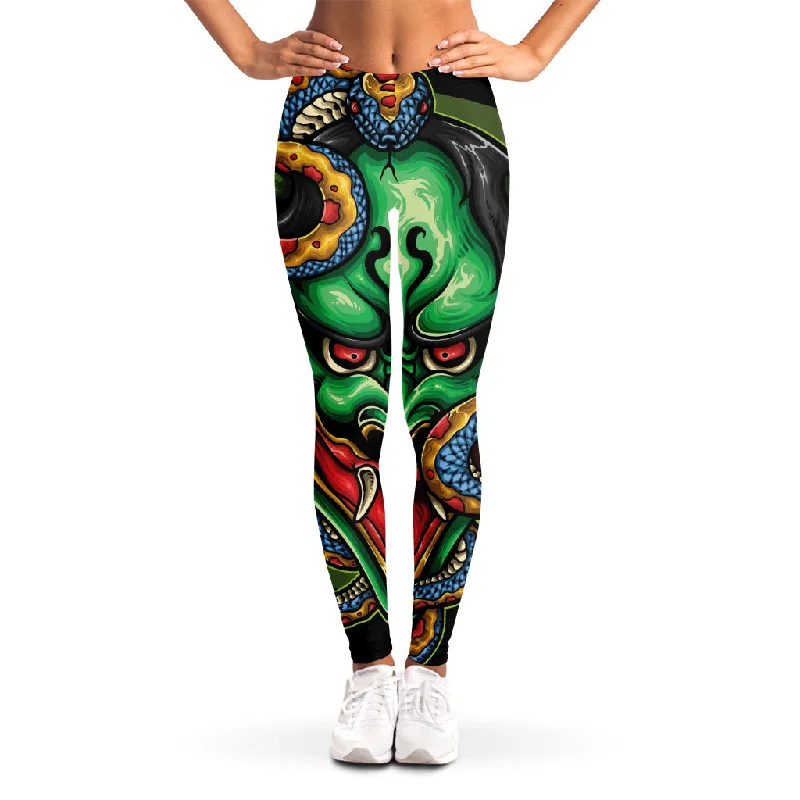 Japanese Oni Demon With Snake Print Women's Leggings Elegant Embellished Leggings