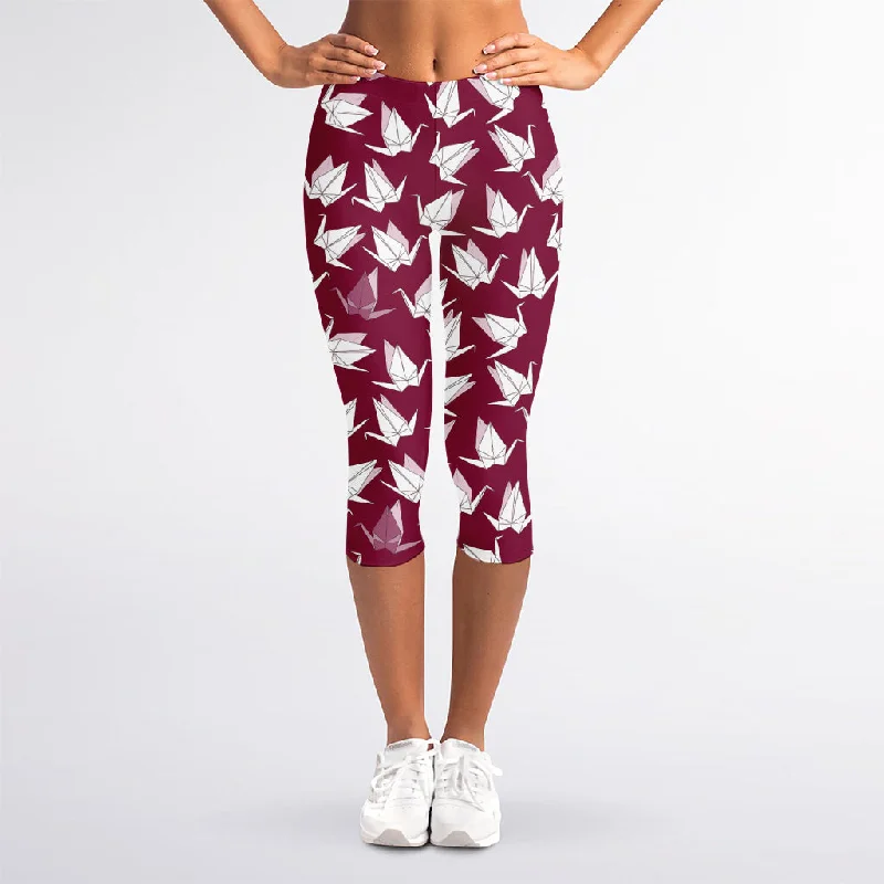 Japanese Origami Crane Pattern Print Women's Capri Leggings Cozy Ribbed Leggings