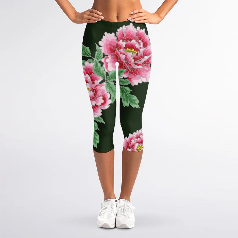 Japanese Peony Print Women's Capri Leggings Casual Slim-Fit Leggings