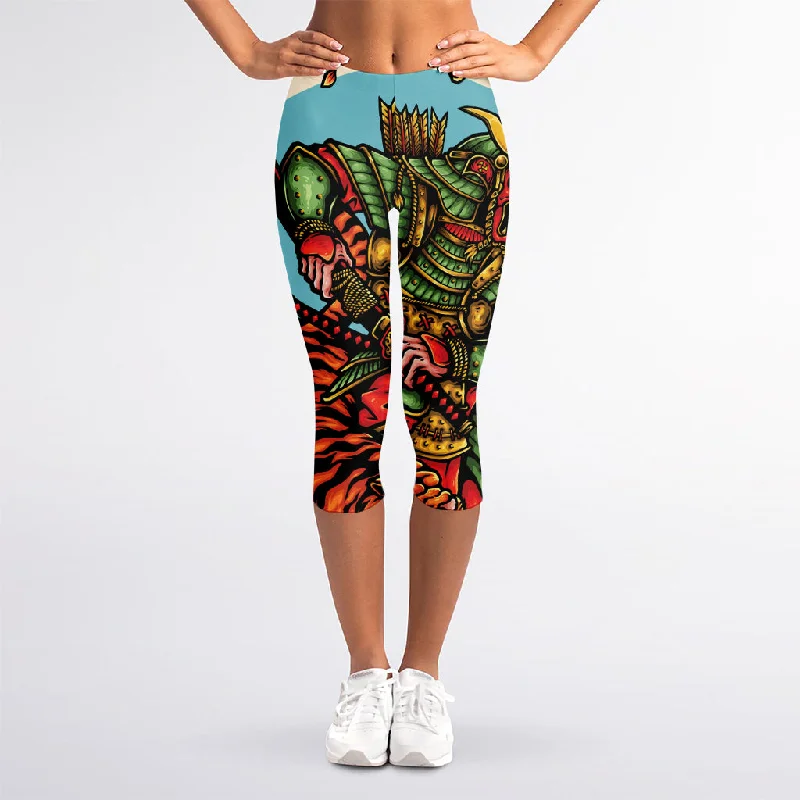 Japanese Samurai And Tiger Print Women's Capri Leggings Cozy Bootcut Leggings