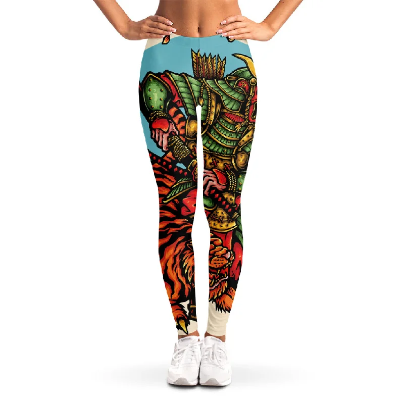 Japanese Samurai And Tiger Print Women's Leggings Trendy Adjustable Waist Leggings