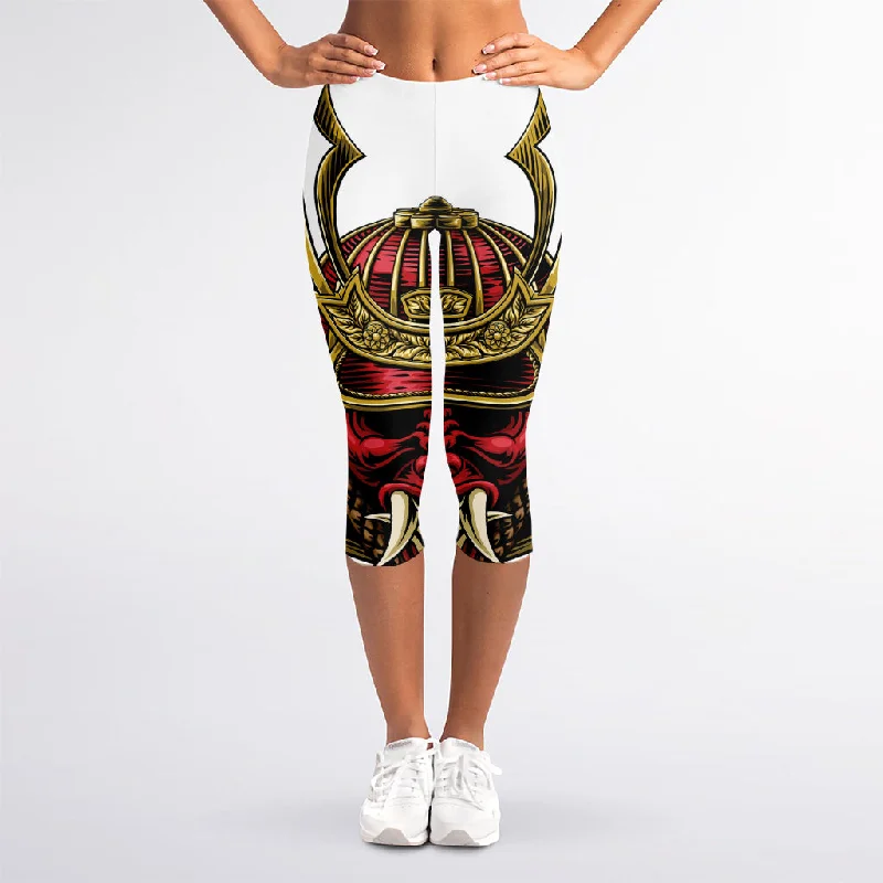 Japanese Samurai Helmet Print Women's Capri Leggings Fashionable Leather-Look Leggings