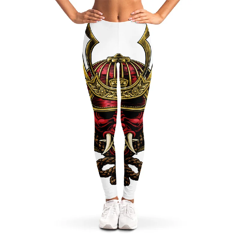 Japanese Samurai Helmet Print Women's Leggings Comfortable Ribbed Waistband Leggings