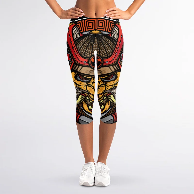 Japanese Samurai Mask Print Women's Capri Leggings Fashionable Moisture-Wicking Leggings