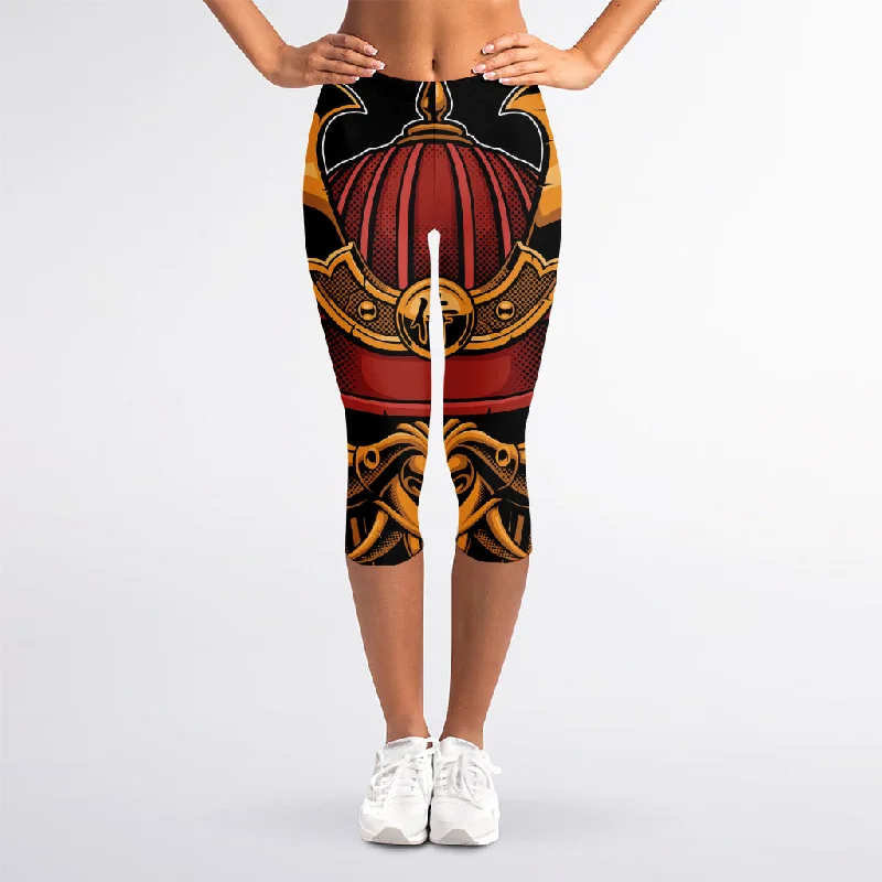 Japanese Samurai Warrior Mask Print Women's Capri Leggings Casual Sporty Leggings