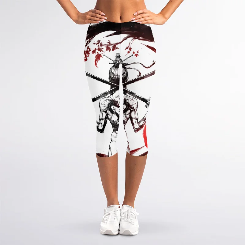 Japanese Samurai Woman Print Women's Capri Leggings Trendy Flared Leggings