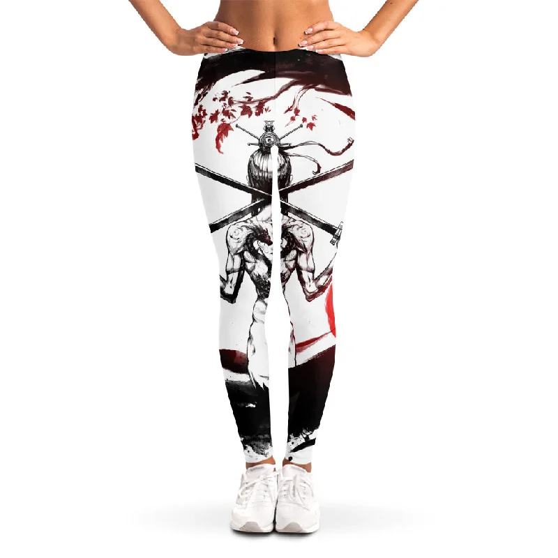 Japanese Samurai Woman Print Women's Leggings Elegant Stretchy Faux Leather Leggings