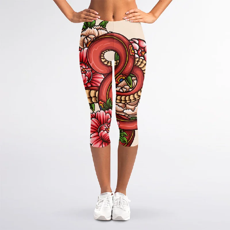 Japanese Snake Tattoo Print Women's Capri Leggings Stylish High-Waisted Leggings