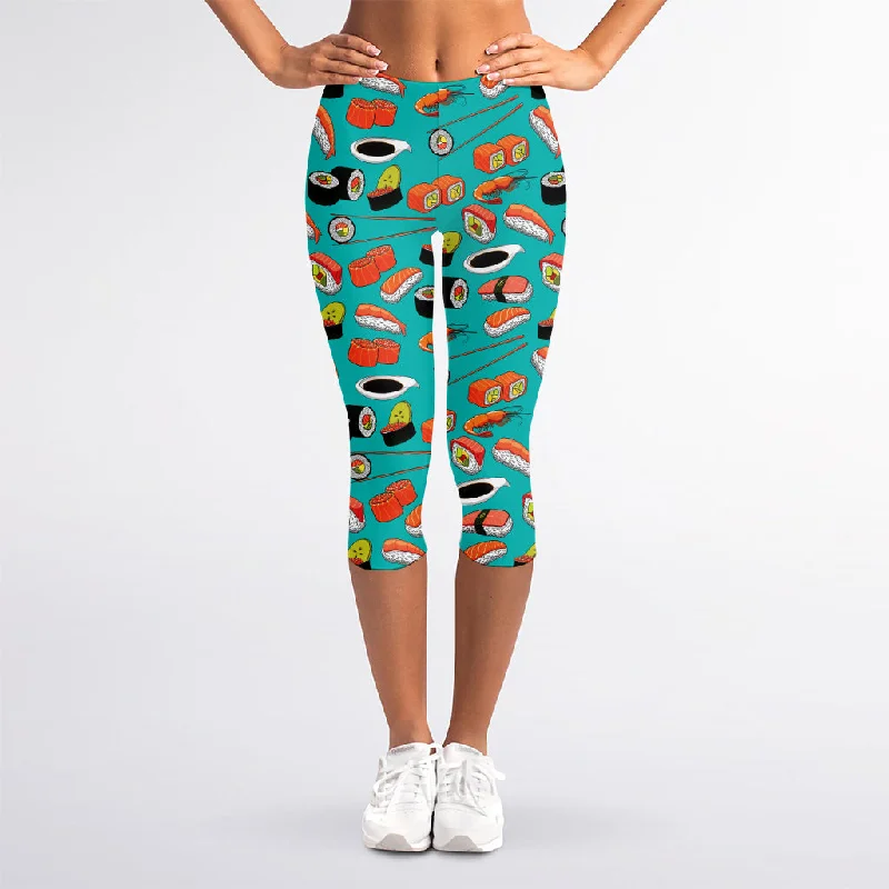 Japanese Sushi And Rolls Pattern Print Women's Capri Leggings Comfortable Wide-Band Leggings