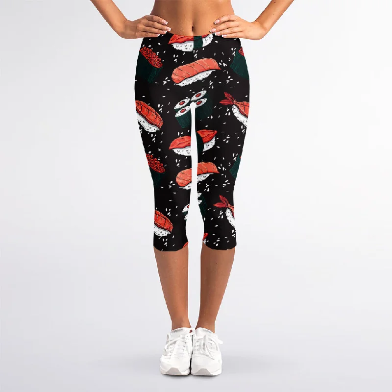 Japanese Sushi Pattern Print Women's Capri Leggings Elegant Casual Fit Leggings