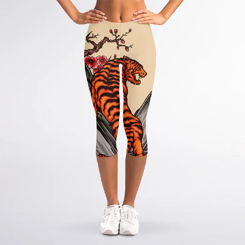 Japanese Tiger Tattoo Print Women's Capri Leggings Stylish Ultra Stretch Leggings