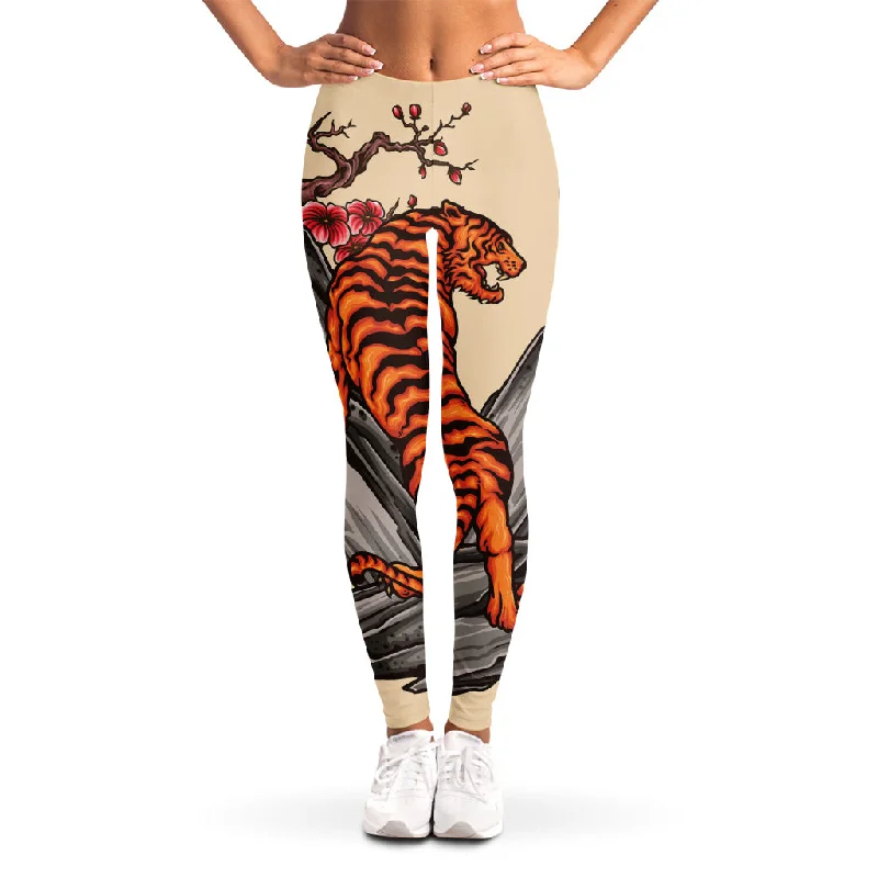 Japanese Tiger Tattoo Print Women's Leggings Trendy Color Block Leggings