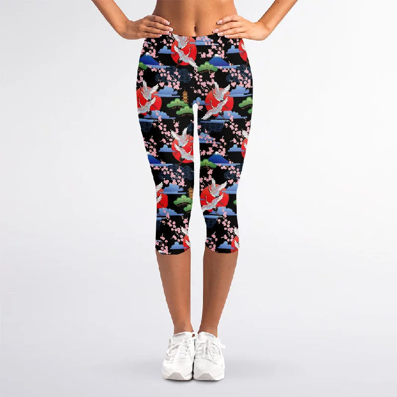 Japanese Traditional Pattern Print Women's Capri Leggings Comfortable Athletic Tights