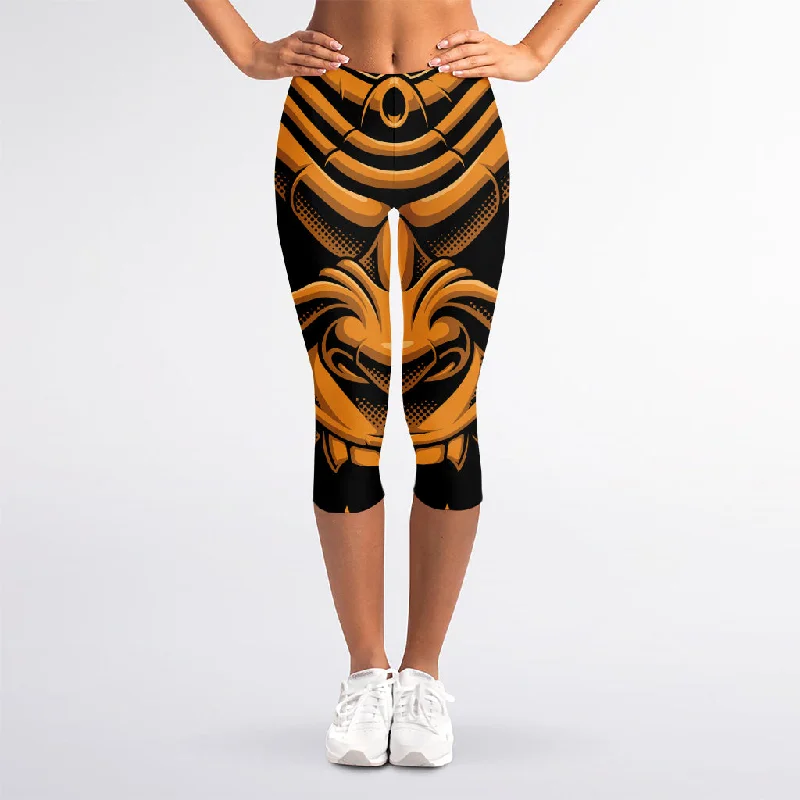 Japanese Warrior Mask Print Women's Capri Leggings Trendy Leather-Look Workout Leggings