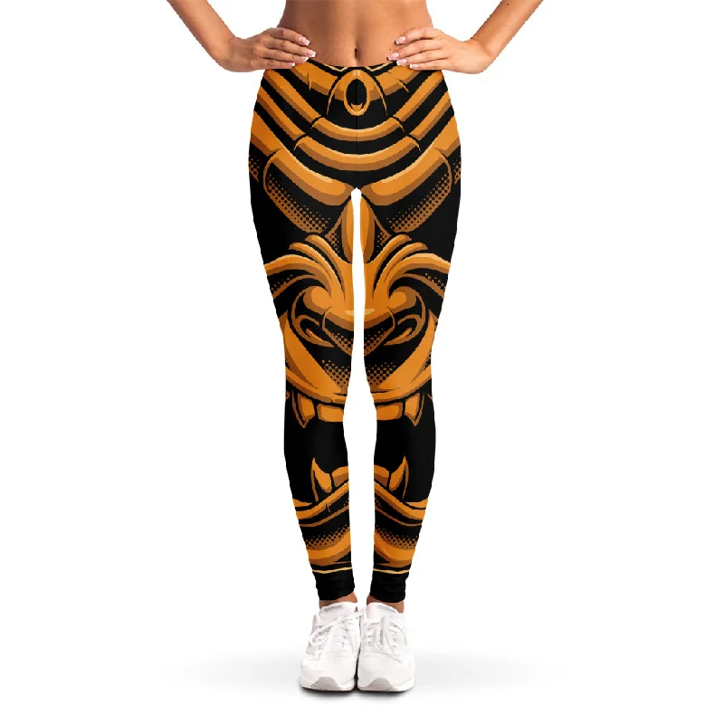 Japanese Warrior Mask Print Women's Leggings Elegant Satin Finish Leggings