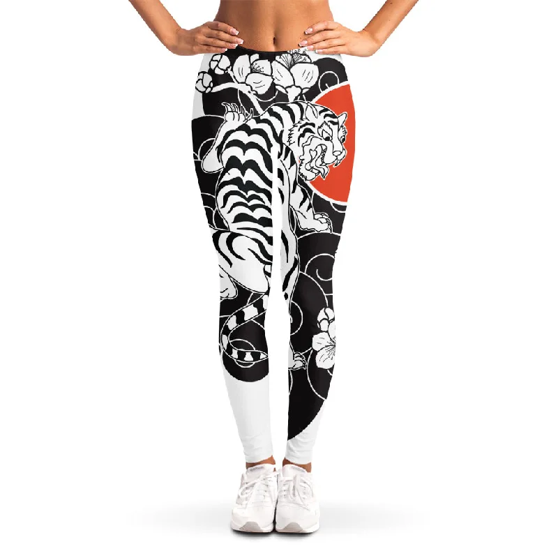 Japanese White Tiger Tattoo Print Women's Leggings Fashionable Tummy Control Leggings