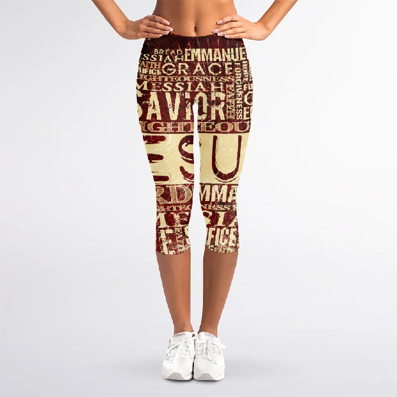 Jesus Religious Words Print Women's Capri Leggings Trendy Sweat-Wicking Workout Leggings