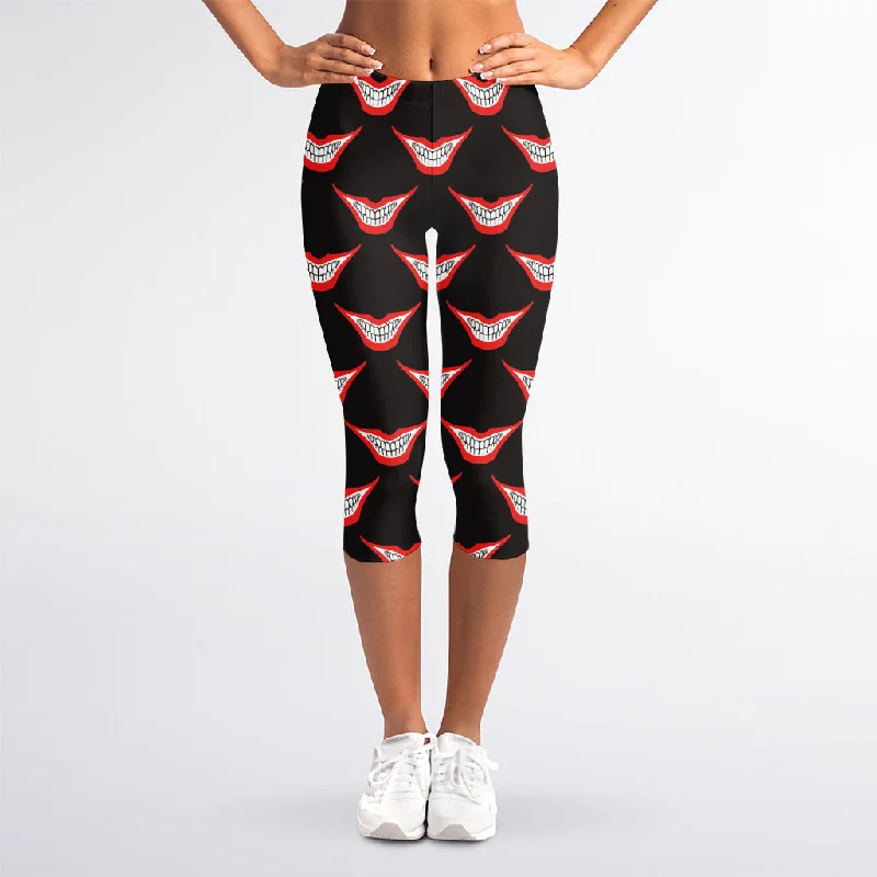 Joker Smile Pattern Print Women's Capri Leggings Cozy Yoga Compression Leggings