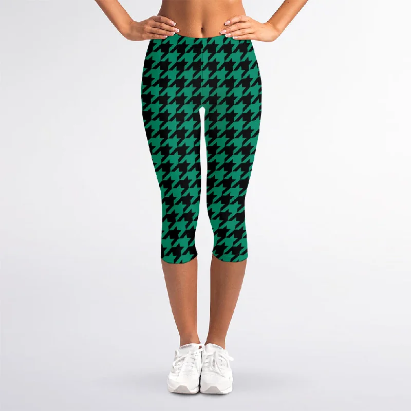 Jungle Green And Black Houndstooth Print Women's Capri Leggings Stylish Capri Leggings