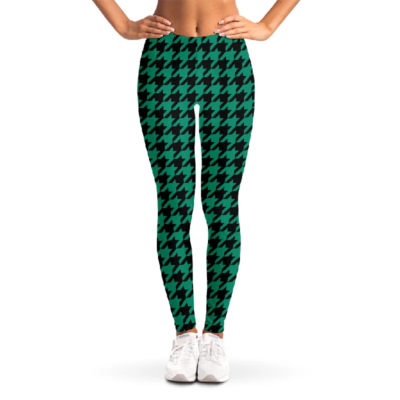 Jungle Green And Black Houndstooth Print Women's Leggings Comfortable Workout Fitness Leggings