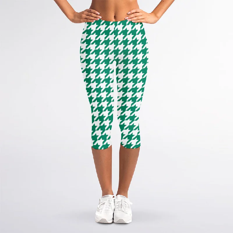 Jungle Green And White Houndstooth Print Women's Capri Leggings Comfortable Bootcut Workout Leggings