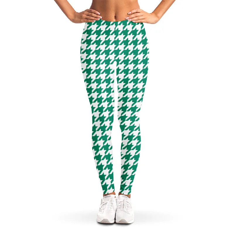 Jungle Green And White Houndstooth Print Women's Leggings Classic Solid Color Leggings