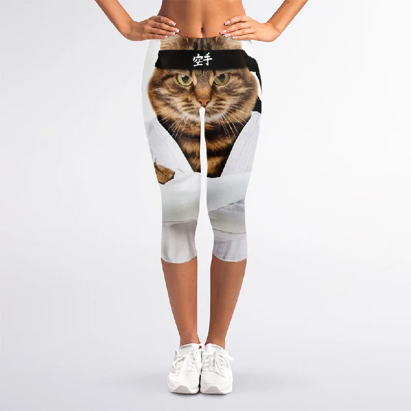 Karate Cat Print Women's Capri Leggings Elegant Animal Print Leggings