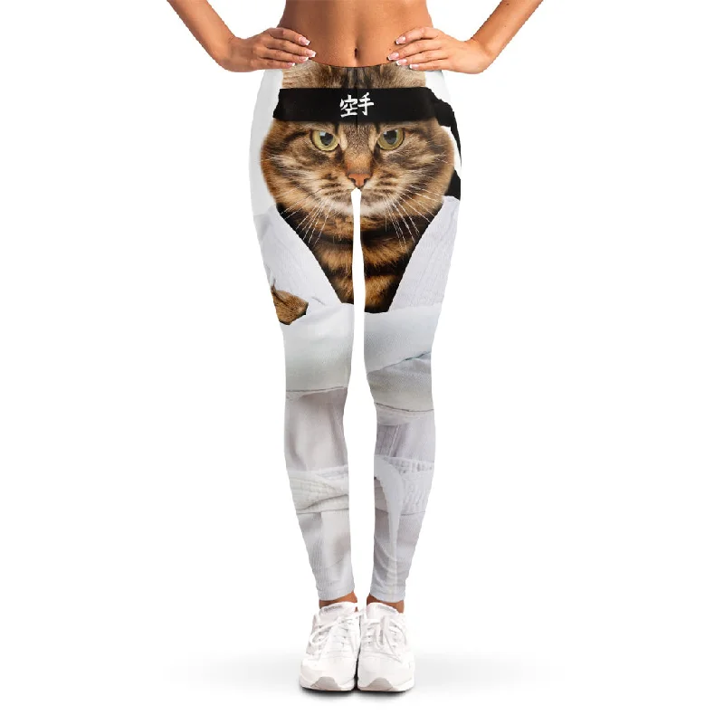 Karate Cat Print Women's Leggings Fashionable Leather-Look Leggings