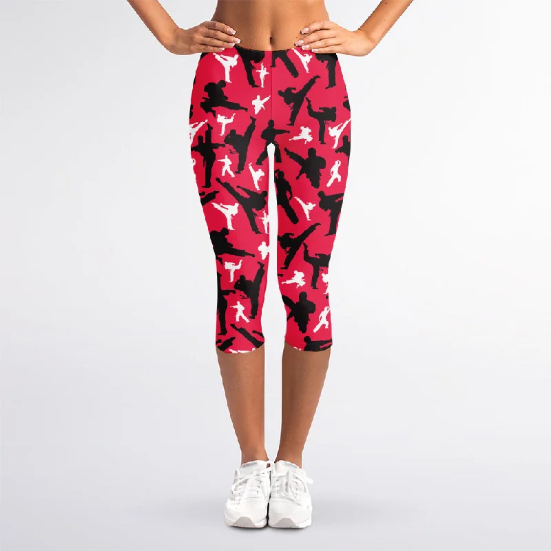 Karate Pattern Print Women's Capri Leggings Fashionable Solid Color Tights