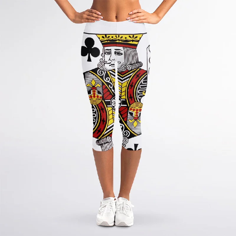 King Of Clubs Playing Card Print Women's Capri Leggings Trendy Black Mesh Leggings