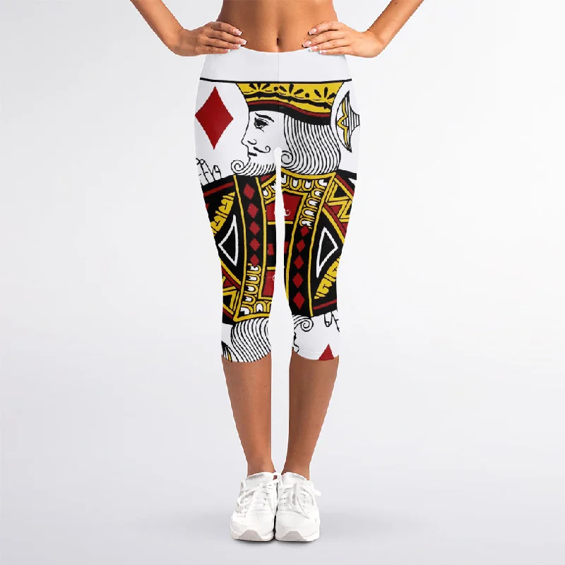 King Of Diamonds Playing Card Print Women's Capri Leggings Trendy High-Waist Tummy Control Leggings