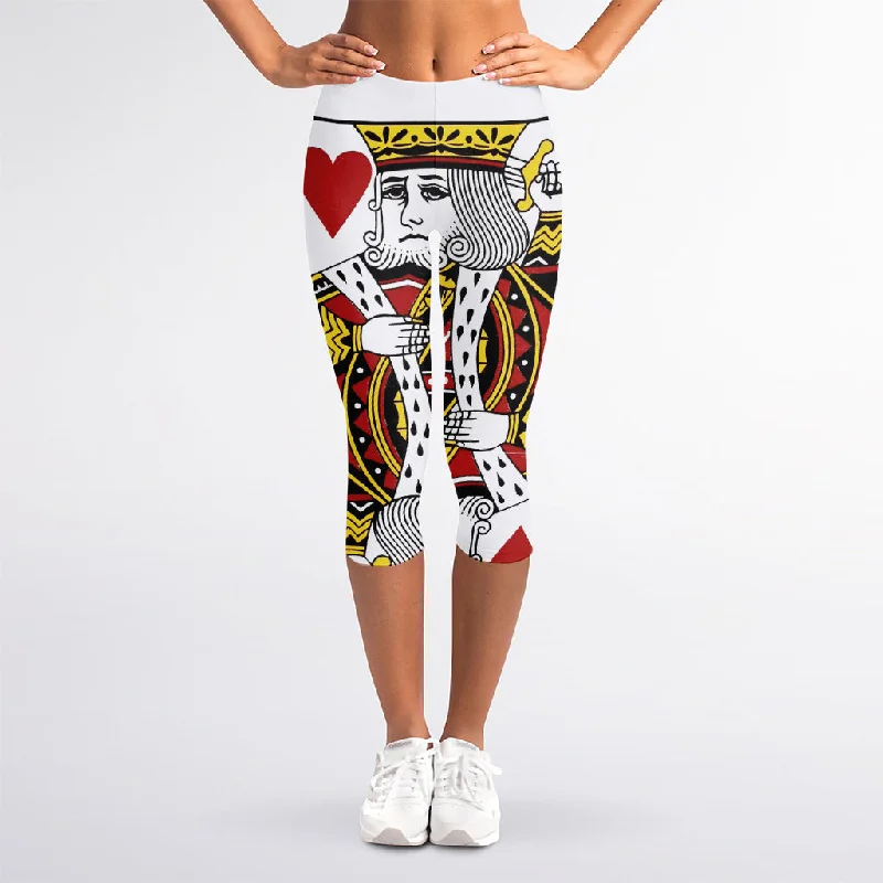 King Of Hearts Playing Card Print Women's Capri Leggings Trendy Seamless Fit Leggings