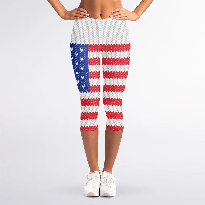 Knitted American Flag Print Women's Capri Leggings Trendy Foil Finish Leggings