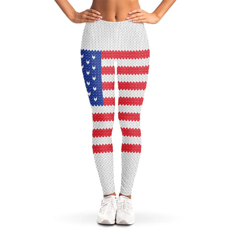 Knitted American Flag Print Women's Leggings Cozy Yoga Compression Leggings