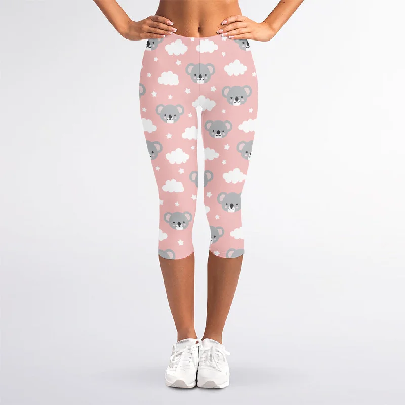 Koala Bear And Cloud Pattern Print Women's Capri Leggings Casual Black Leggings