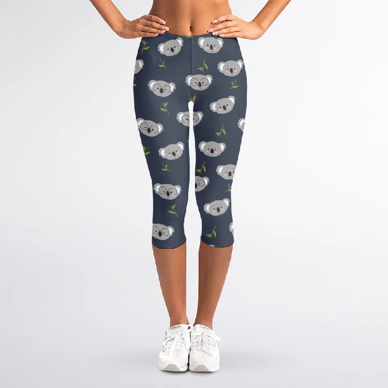 Koala Bear Pattern Print Women's Capri Leggings Elegant Metallic Leggings