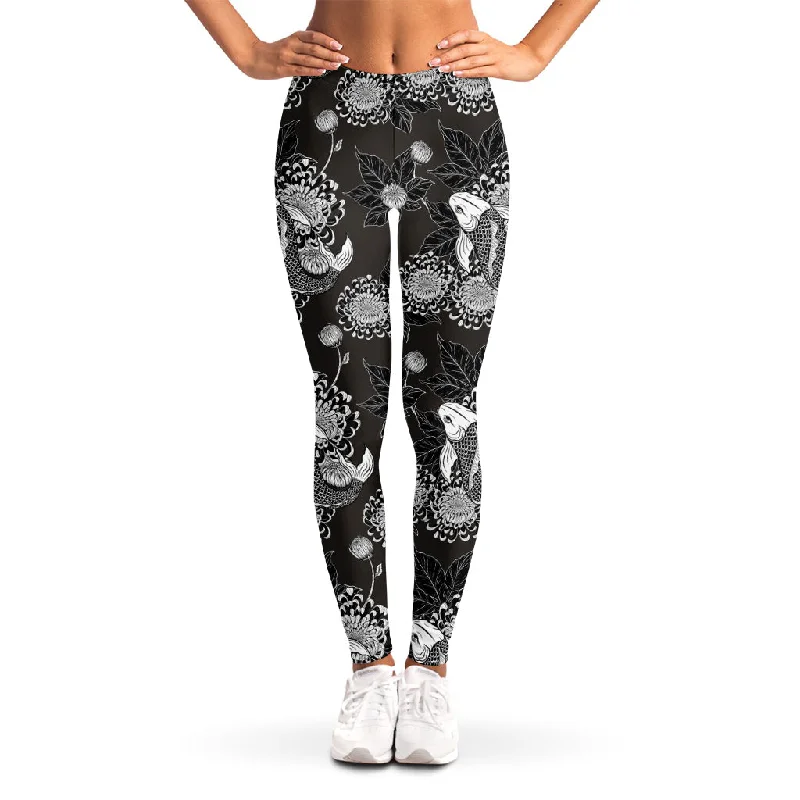 Koi Carp And Chrysanthemum Pattern Print Women's Leggings Elegant Sheer Leggings