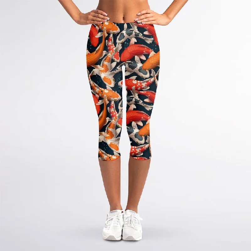 Koi Carp Pattern Print Women's Capri Leggings Trendy Tie-Dye Leggings