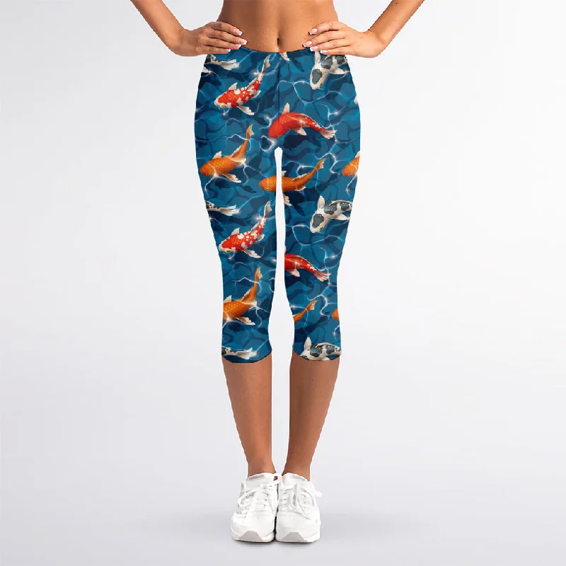 Koi Fish Pattern Print Women's Capri Leggings Stylish Patterned Active Leggings