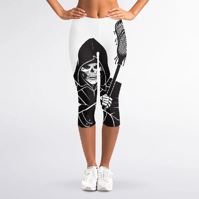 Lacrosse Skull Print Women's Capri Leggings Trendy Mesh Leggings