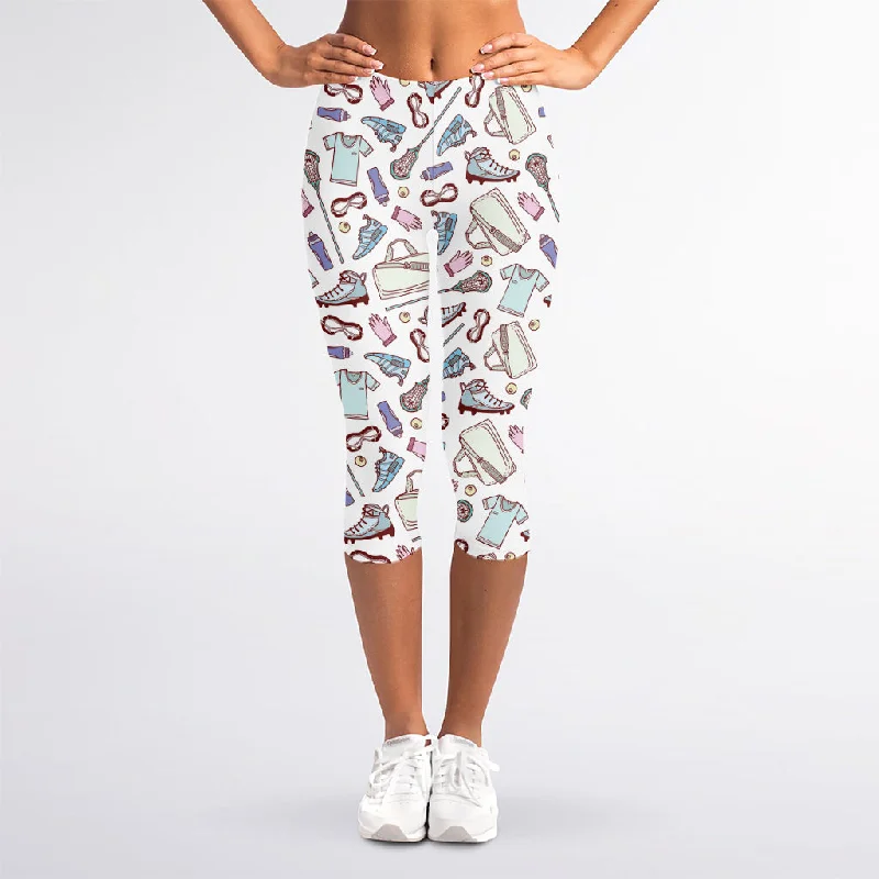 Lacrosse Sport Pattern Print Women's Capri Leggings Stylish Printed Stretch Leggings