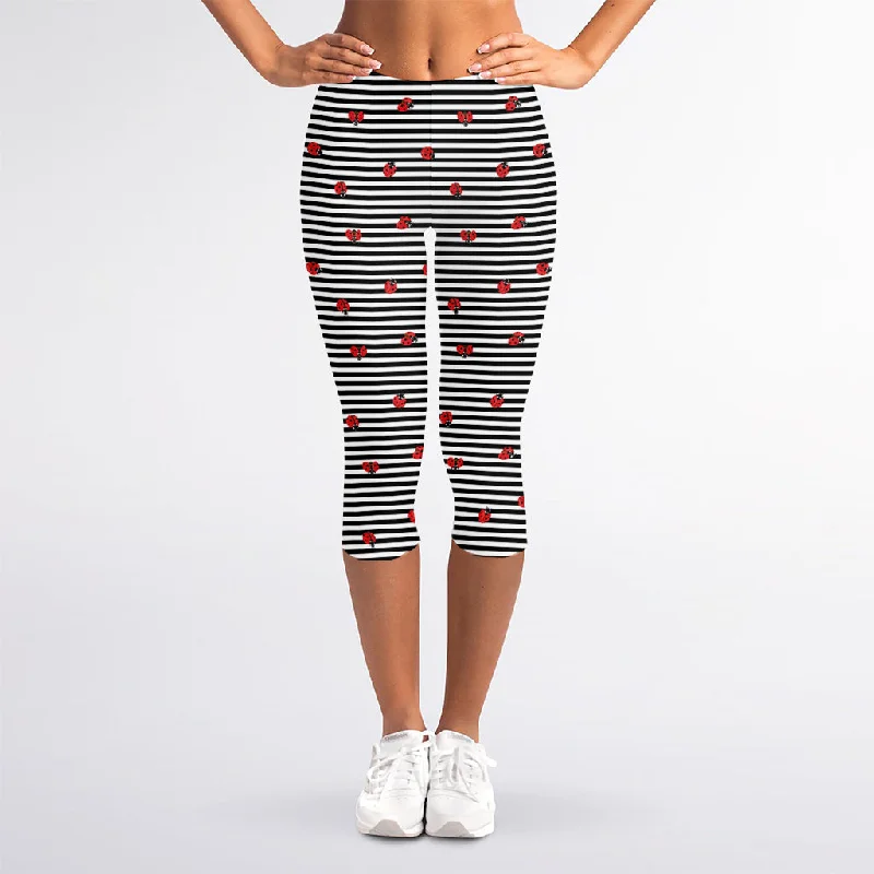 Ladybug Striped Pattern Print Women's Capri Leggings Cozy Cotton Leggings