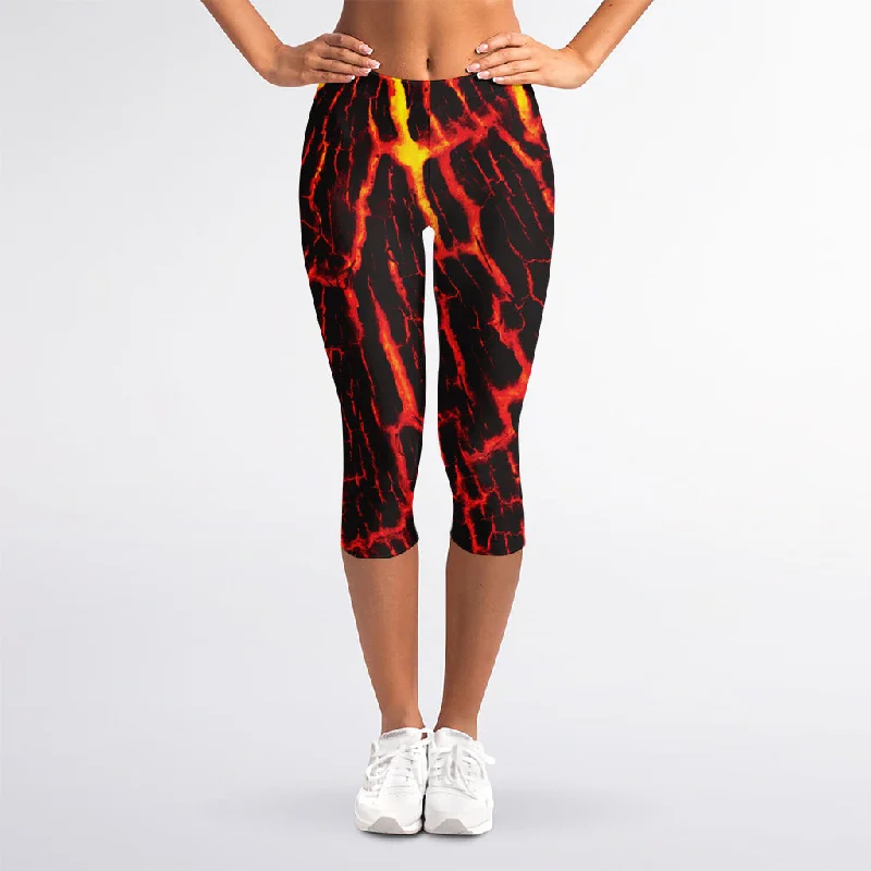 Lava Burning Print Women's Capri Leggings Comfortable Compression Leggings