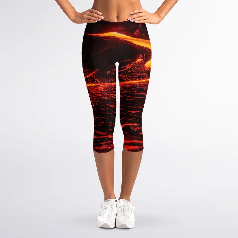 Lava Flow Print Women's Capri Leggings Casual Sporty Leggings