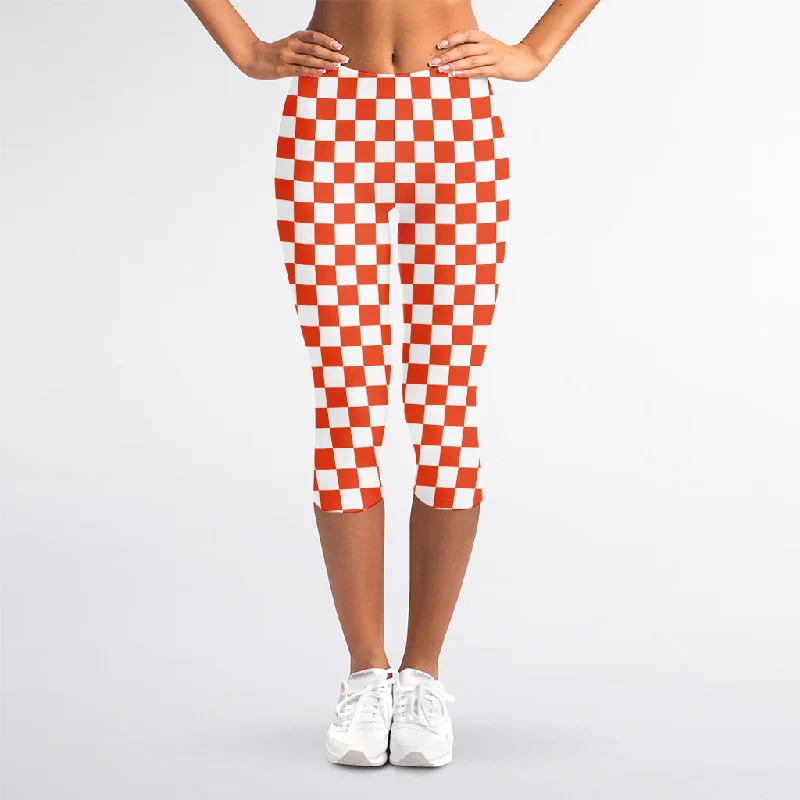 Lava Orange And White Checkered Print Women's Capri Leggings Trendy Full-Length Leggings