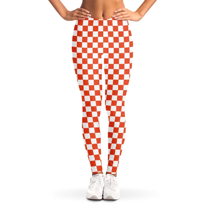 Lava Orange And White Checkered Print Women's Leggings Cozy Workout Performance Leggings