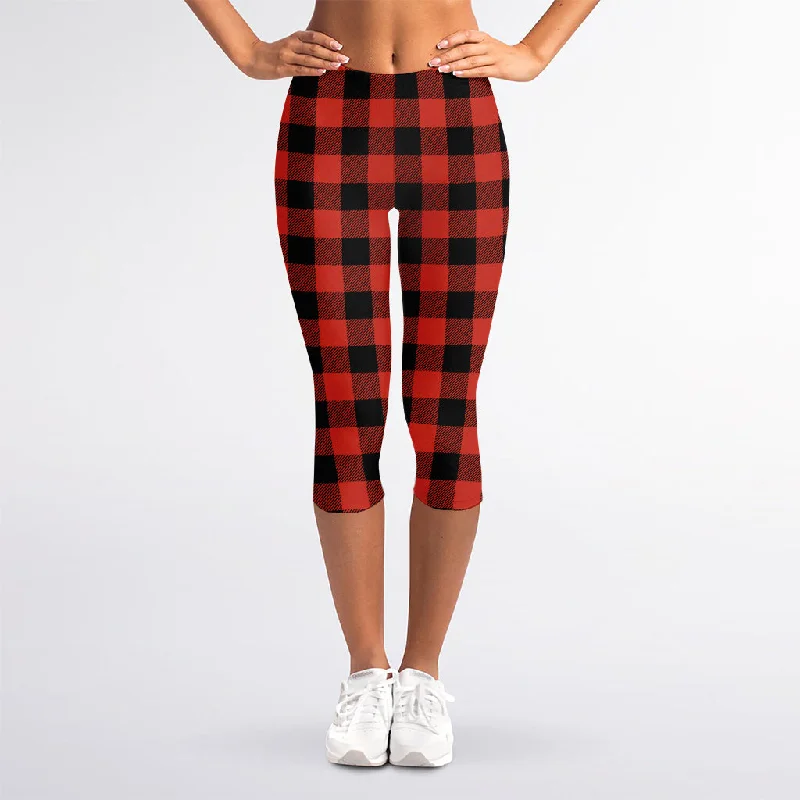 Lava Orange Buffalo Check Pattern Print Women's Capri Leggings Comfortable Wide-Band Leggings