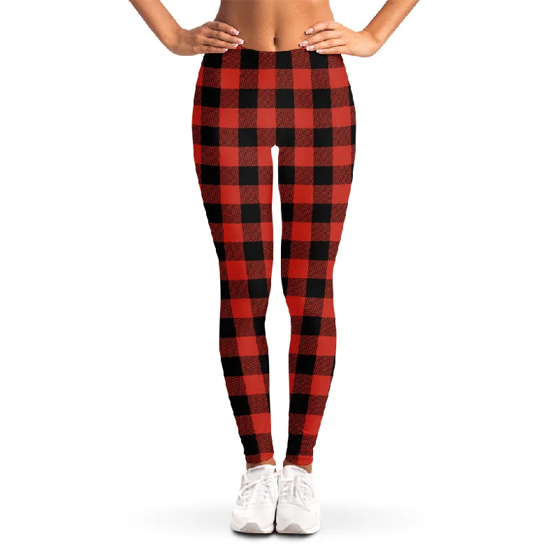 Lava Orange Buffalo Check Pattern Print Women's Leggings Elegant Shiny Black Leggings