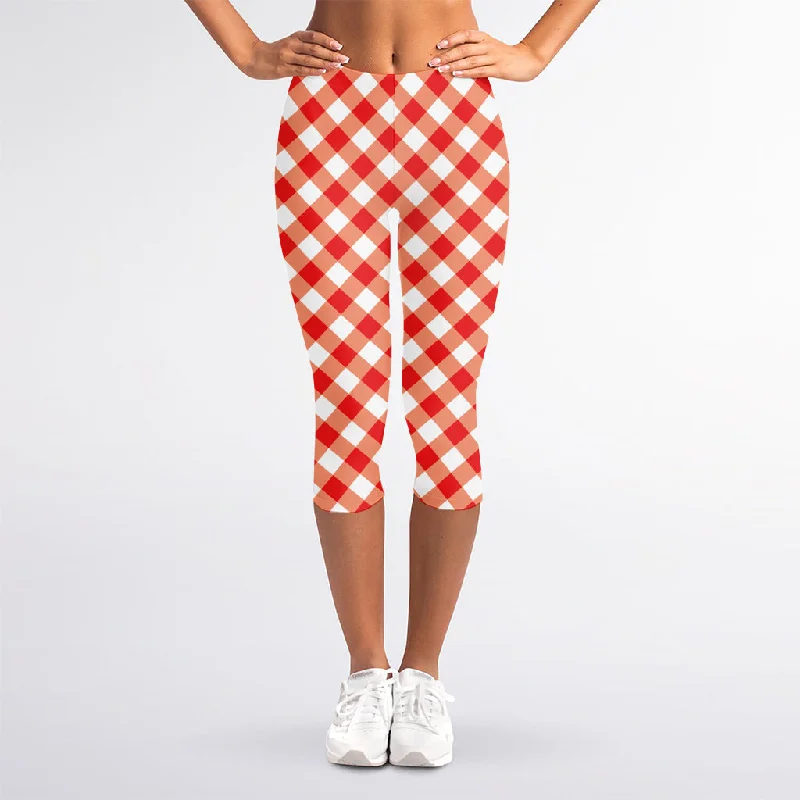 Lava Red And White Gingham Print Women's Capri Leggings Fashionable Moisture-Wicking Leggings